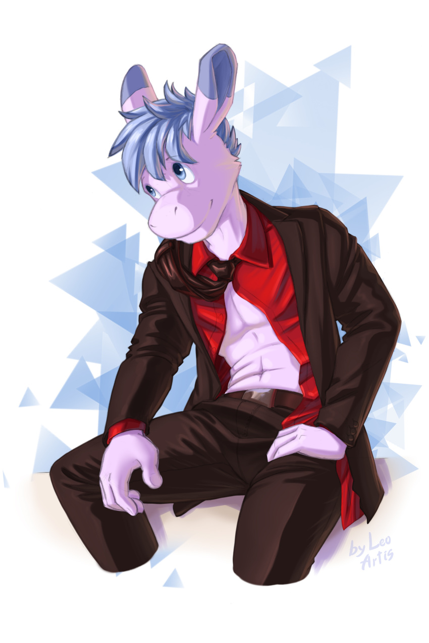 2022 absurd_res aggressive_retsuko anthro asinus bottomwear business_suit clothing donkey equid equine gradient_background hi_res leo-artis male mammal necktie netflix pants red_clothing sanrio simple_background sitting solo suit tadano_(aggretsuko) white_background