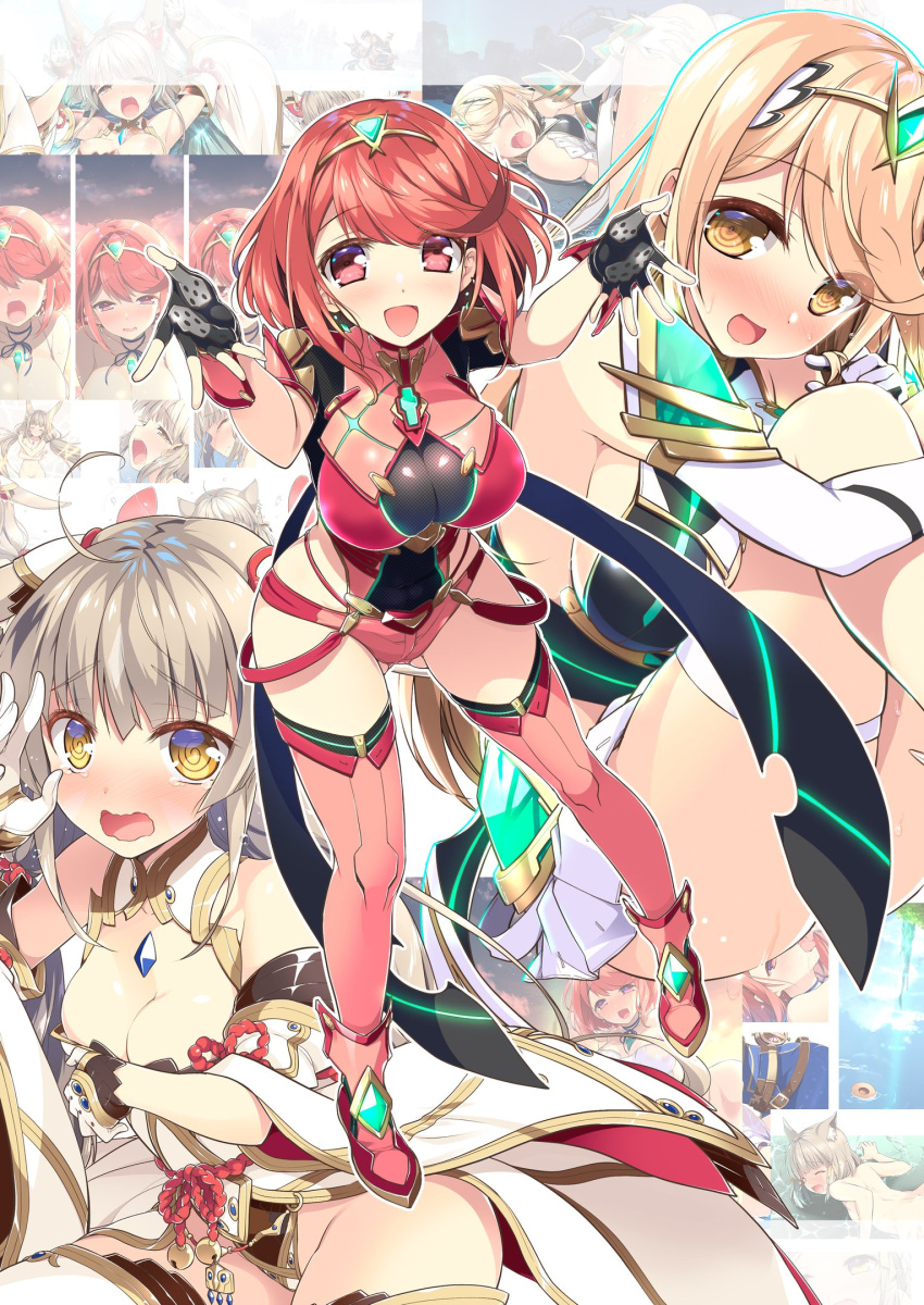 animal_ears bangs bare_shoulders black_gloves blonde_hair blunt_bangs breasts chest_jewel cleavage cleavage_cutout clothing_cutout detached_sleeves dress earrings elbow_gloves facial_mark fingerless_gloves gloves highleg highleg_leotard highres jewelry large_breasts leotard long_hair low_twintails mythra_(xenoblade) nia_(blade)_(xenoblade) nia_(xenoblade) pyra_(xenoblade) red_eyes red_hair red_legwear red_shorts short_dress short_hair short_shorts shorts silver_hair small_breasts swept_bangs thighhighs tiara twintails very_long_hair watsuki_ayamo white_dress white_gloves xenoblade_chronicles_(series) xenoblade_chronicles_2 yellow_eyes