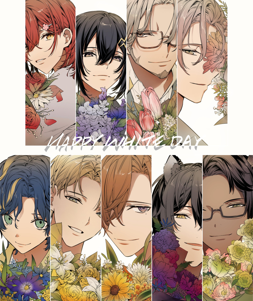 6+boys absurdres adam's_apple anemone_(flower) animal_ear_fluff animal_ears aragami_oga arurandeisu astel_leda baby's-breath bangs beard bellflower bespectacled black-framed_eyewear black_hair blonde_hair blue_eyes blue_flower blue_hair bouquet brown-framed_eyewear cockscomb_(flower) column_lineup cosmos_(flower) crossed_bangs dahlia dianthus ear_piercing everyone face facial_hair flower flower_over_eye flower_request gerbera glasses green_eyes green_flower green_rose grey_hair hair_behind_ear hair_between_eyes hair_flower hair_ornament hair_over_one_eye hair_slicked_back hair_strand hairclip half-closed_eyes hanasaki_miyabi happy_white_day highres holding holding_bouquet holostars horns hydrangea hypericum_berry jackal_ears kageyama_shien kanade_izuru kishido_temma lightning_bolt_hair_ornament lightning_bolt_symbol lily_(flower) lisianthus_(flower) looking_at_viewer male_focus medium_hair mole mole_under_eye mstarsgasuki multicolored_hair multiple_boys official_alternate_costume official_alternate_hairstyle oncidium orange_hair orchid parted_bangs parted_lips piercing pink_flower pink_hair portrait purple_eyes purple_flower red_flower red_hair red_rose rikka_(holostars) rose shirt short_hair single_horn slit_pupils smile streaked_hair sunflower tulip tweedia white_flower yellow_eyes yellow_flower yellow_rose yukoku_roberu