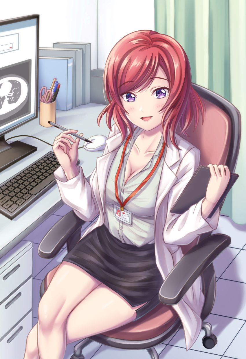 1girl breasts chair cleavage computer crossed_legs doctor highres holding id_card keyboard_(computer) labcoat lanyard looking_at_viewer love_live! love_live!_school_idol_project miniskirt monitor mouse_(computer) nishikino_maki pencil_skirt purple_eyes red_hair skirt smile tsukimi_seiya