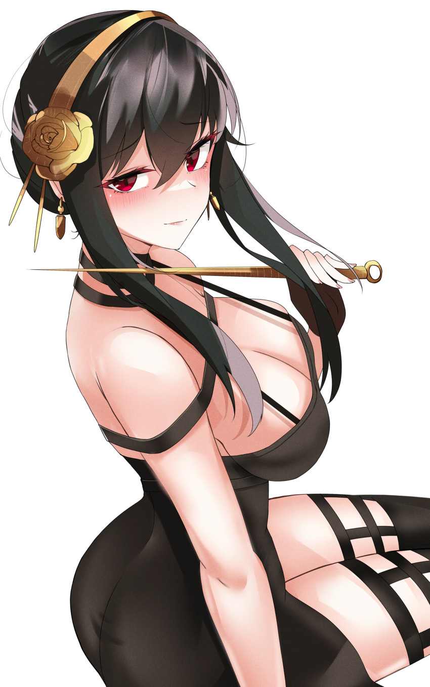 1girl absurdres ass bangs bare_shoulders black_dress black_gloves black_hair black_legwear breasts cleavage dagger dress fingerless_gloves gloves gold_hairband highres knife large_breasts long_hair looking_at_viewer musicatopos red_eyes rose_hair_ornament sidelocks sitting smile solo spy_x_family thighhighs thighs weapon yor_briar