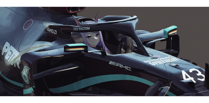 1girl absurdres amd animal_ears aqua_ribbon arasaka_inu bangs black_gloves car chinese_commentary commentary driving english_commentary eyebrows formula_one gloves ground_vehicle hair_ribbon highres horse_ears horse_girl long_hair looking_ahead mejiro_mcqueen_(umamusume) mercedes-benz motor_vehicle petronas purple_eyes purple_hair race_vehicle racecar racing ribbon swept_bangs umamusume