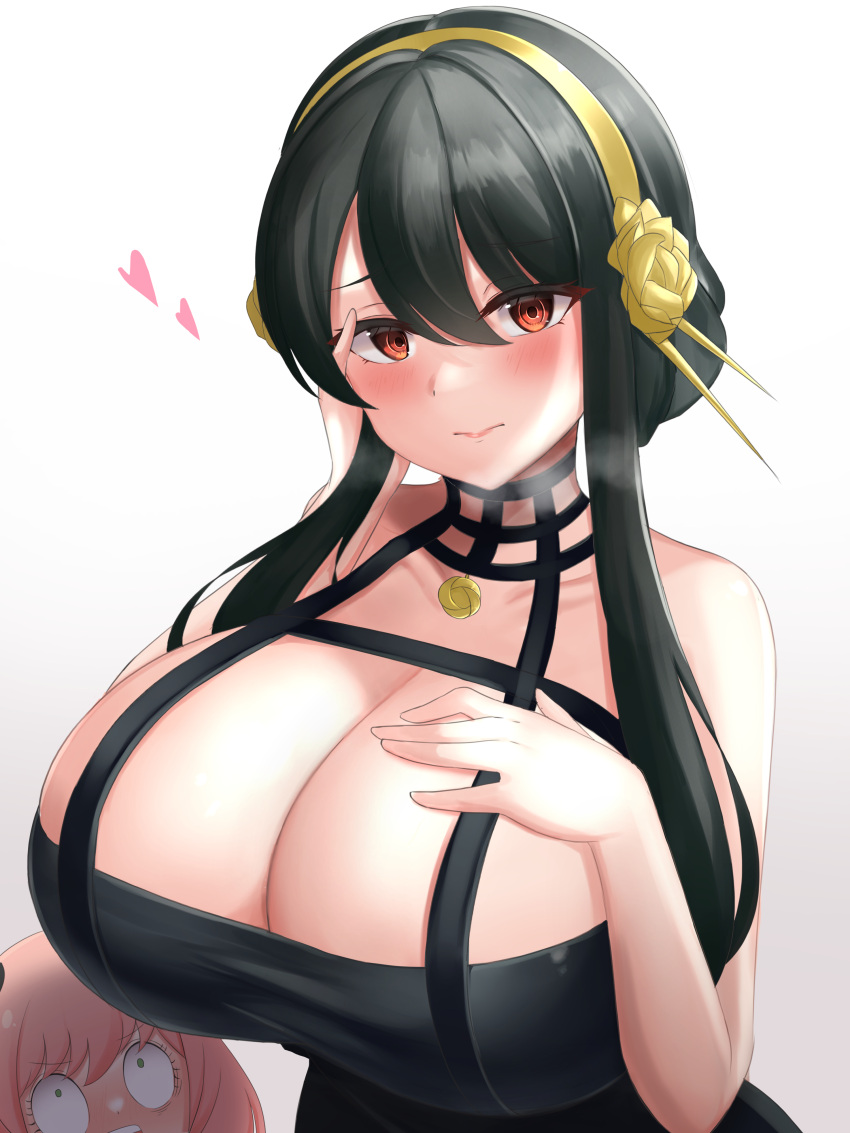 2girls absurdres anya_(spy_x_family) bare_shoulders black_dress black_hair breast_envy breasts choker cleavage dress flower hair_flower hair_ornament half-closed_eyes hand_on_own_chest hand_on_own_face heart heavy_breathing highres huge_breasts looking_at_viewer minori_(user_eket5233) multiple_girls open_mouth pink_hair rose sidelocks simple_background smile spy_x_family upper_body white_background wide-eyed yor_briar