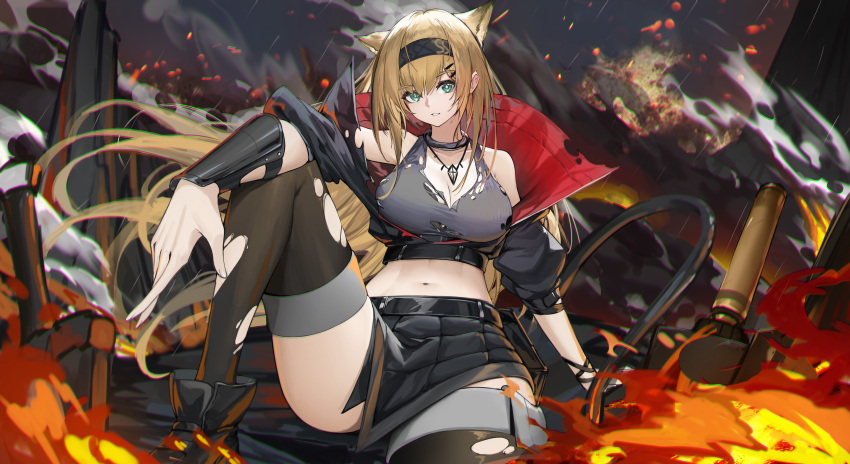 1girl absurdres animal_ears aqua_eyes arknights bangs bare_shoulders black_bra black_footwear black_hairband black_jacket black_legwear black_skirt blonde_hair bra bracer breasts cleavage commentary_request crop_top eyebrows_visible_through_hair fire genera-x grey_tank_top hair_ornament hairband hairclip highres horn_(arknights) jacket knee_up large_breasts long_hair looking_at_viewer midriff miniskirt navel parted_lips partial_commentary sitting skirt solo stomach tank_top thighhighs thighs torn_clothes torn_legwear underwear very_long_hair wolf_ears