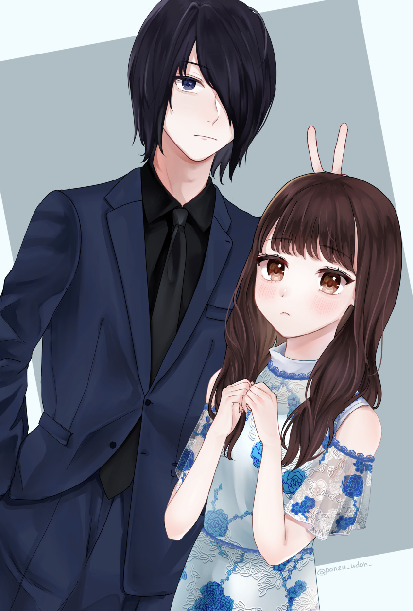 1boy 1girl absurdres alternate_costume bangs bare_shoulders black_necktie black_shirt blue_jacket blue_pants brown_eyes brown_hair closed_mouth collared_shirt dress eyebrows_visible_through_hair floral_print formal grey_background hair_over_one_eye hand_in_pocket hands_up highres iino_miko ishigami_yuu jacket kaguya-sama_wa_kokurasetai_~tensai-tachi_no_renai_zunousen~ long_hair necktie one_eye_covered own_hands_together pants ponzu_(udon) shirt short_hair short_sleeves suit v white_background