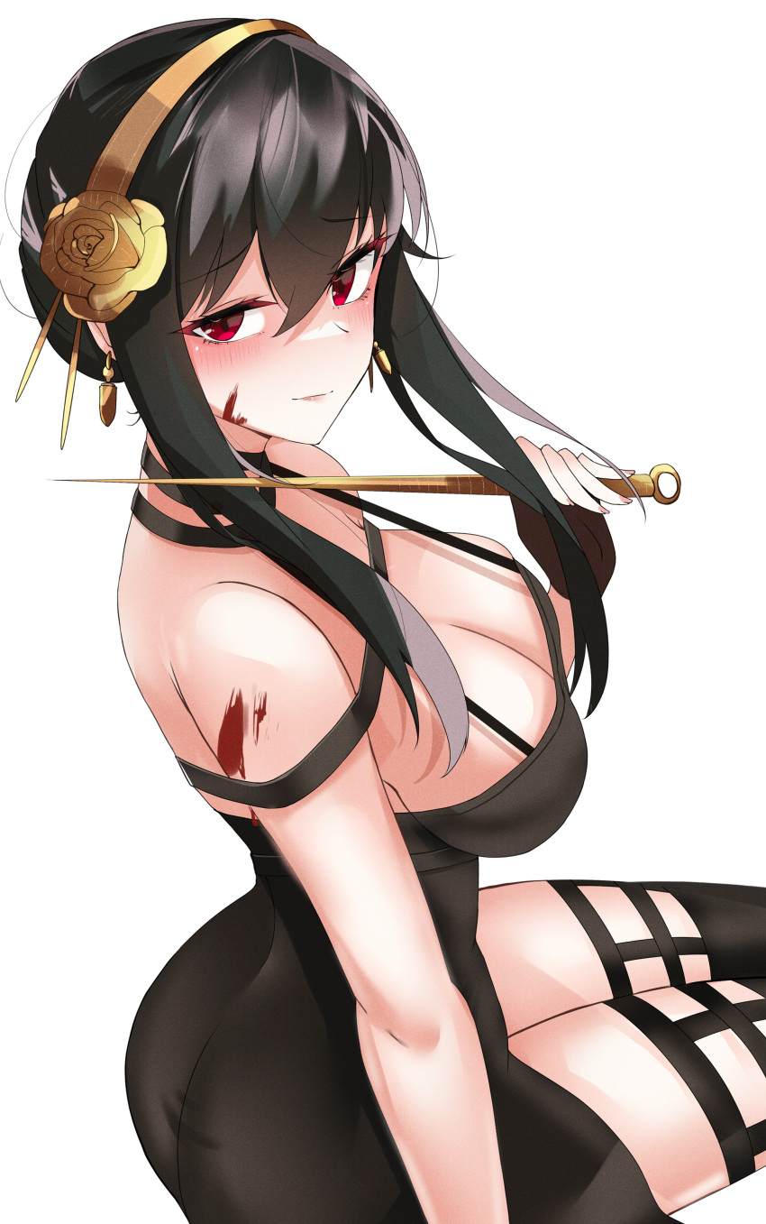 1girl absurdres ass bangs bare_shoulders black_dress black_gloves black_hair black_legwear blood breasts cleavage dagger dress fingerless_gloves gloves gold_hairband highres knife large_breasts long_hair looking_at_viewer musicatopos red_eyes rose_hair_ornament sidelocks sitting smile solo spy_x_family thighhighs thighs weapon yor_briar