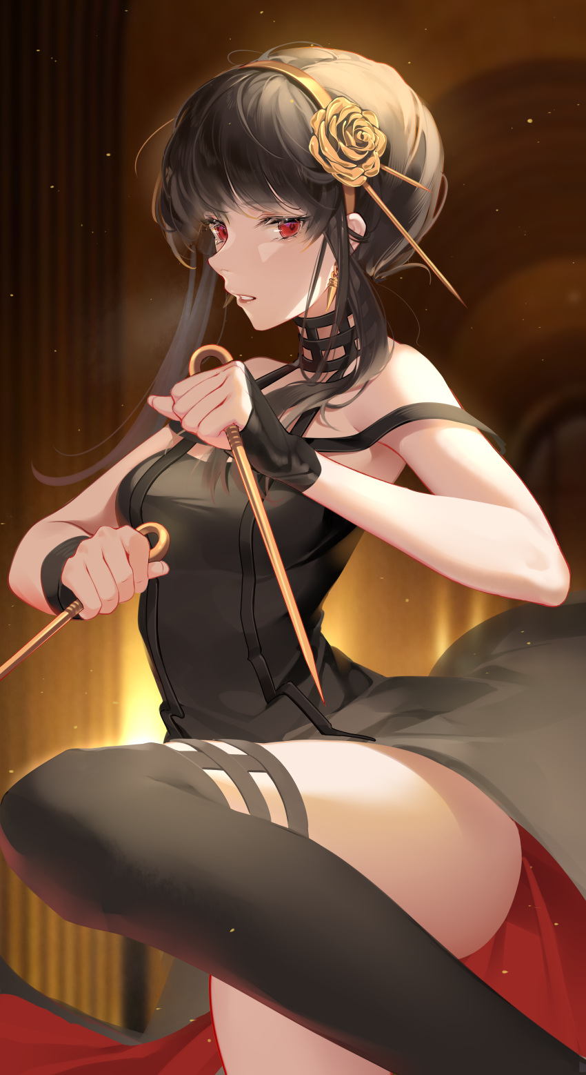 1girl absurdres artificial_flower black_dress black_hair black_legwear blood blood_on_weapon border breasts character_name cleavage dress dual_wielding earrings feet_out_of_frame fire flower gold_hairband hair_flower hair_ornament hairband highres holding holding_weapon jewelry leg_up looking_at_viewer medium_breasts parted_lips red_eyes revision short_hair_with_long_locks sidelocks sleeveless sleeveless_dress solo spy_x_family standing standing_on_one_leg thighhighs uosaasou weapon yor_briar