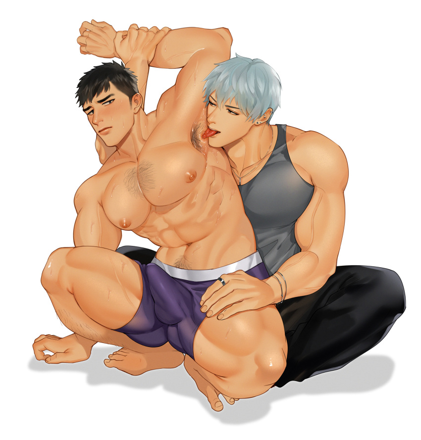 2boys abs armpit_hair armpits bangs bara black_hair black_pants boxer_briefs bracelet bulge chest_hair erection erection_under_clothes grey_hair grey_tank_top highres holding_another's_arm jewelry large_pectorals leg_hair licking licking_armpit looking_at_another male_focus male_underwear multiple_boys muscular muscular_male navel necklace nipples pants pectorals purple_male_underwear ring saliva short_hair squatting sweat tank_top taparara thick_thighs thighs tongue tongue_out underwear yaoi