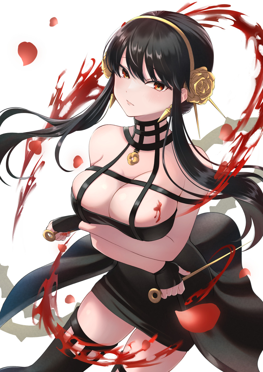 1girl absurdres arms_under_breasts bangs bare_shoulders black_dress black_gloves blood blood_on_breasts breasts cleavage closed_mouth crossed_arms dagger dress dual_wielding dutch_angle earrings falling_petals fingerless_gloves floating_hair gloves gold_earrings gold_hairband highres holding holding_dagger holding_weapon hoshino_drip jewelry knife large_breasts long_hair looking_at_viewer petals plant red_eyes red_nails reverse_grip rose_hair_ornament rose_petals short_hair_with_long_locks sidelocks solo spikes spy_x_family swept_bangs thighhighs thorns vines weapon white_background yor_briar zettai_ryouiki