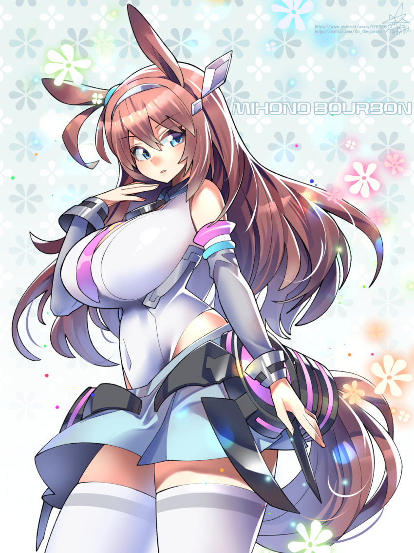 1girl animal_ears blue_eyes breasts brown_hair ear_ornament grey_hairband hairband highres horse_ears horse_girl horse_tail large_breasts lowleg lowleg_skirt mihono_bourbon_(umamusume) miniskirt pantyhose skirt solo tail umamusume umigarasu_(kitsune1963)