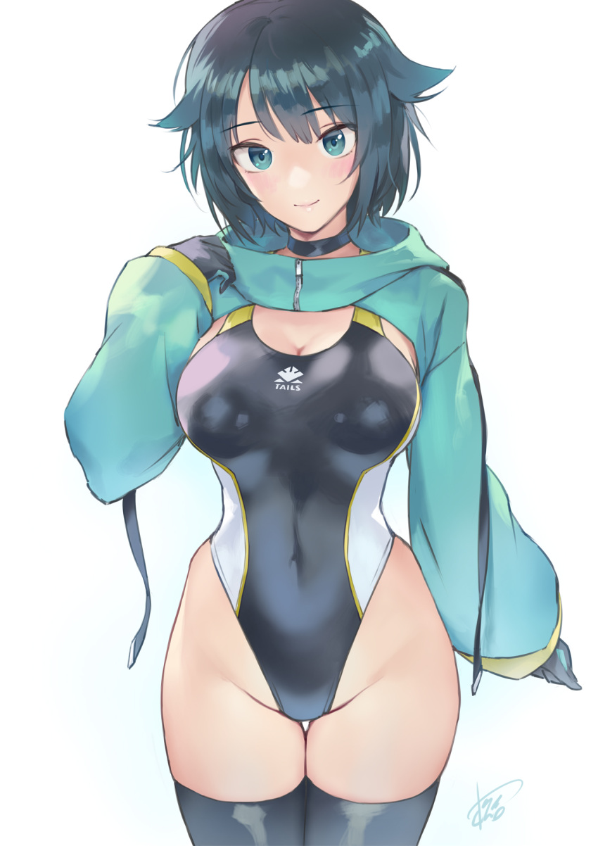 1girl aqua_eyes bangs black_gloves black_hair black_legwear black_swimsuit blush breasts cleavage commentary_request covered_navel cowboy_shot eyebrows_visible_through_hair fukami_nana gloves groin hair_flaps hand_up highres large_breasts long_sleeves looking_at_viewer matsuda_(matsukichi) one-piece_swimsuit original short_hair shrug_(clothing) simple_background smile solo standing swimsuit thighhighs white_background