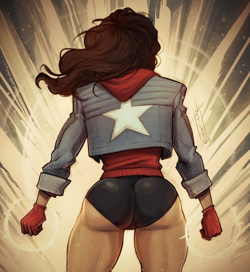 1girl america_chavez ass black_shorts blue_jacket brown_hair clenched_hand dark-skinned_female dark_skin devilhs from_behind gloves highres jacket light long_hair long_sleeves marvel red_gloves shorts solo star_(symbol) star_print thighs tight