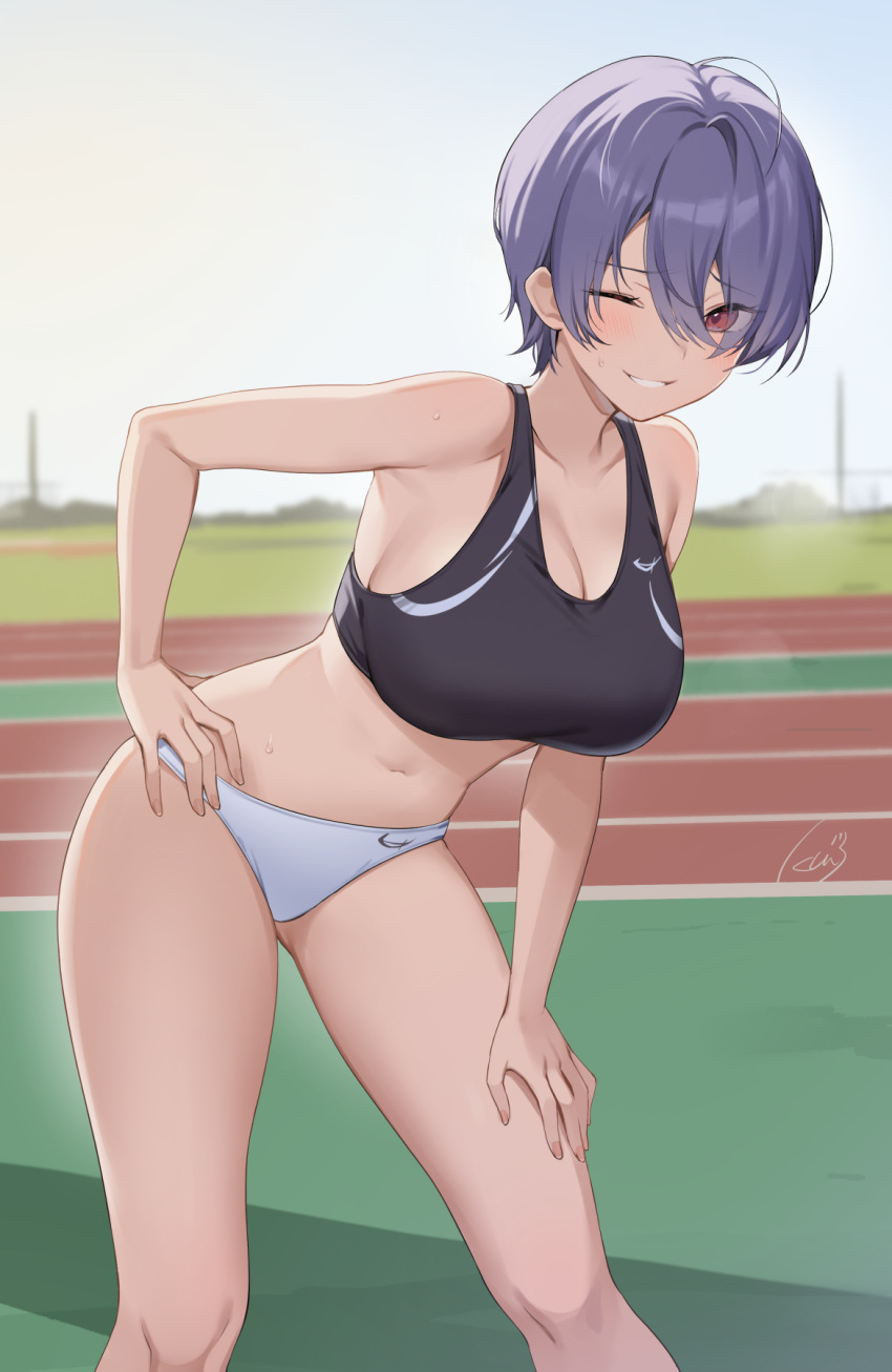 1girl ahoge armpits banned_artist bare_arms bare_shoulders bent_over black_sports_bra breasts buruma collarbone crop_top day grin hair_between_eyes hand_on_own_thigh highres icomochi large_breasts looking_at_viewer midriff navel one_eye_closed original outdoors purple_hair red_eyes short_hair sleeveless smile solo sports_bra standing stomach sweatdrop thighs track_and_field white_buruma