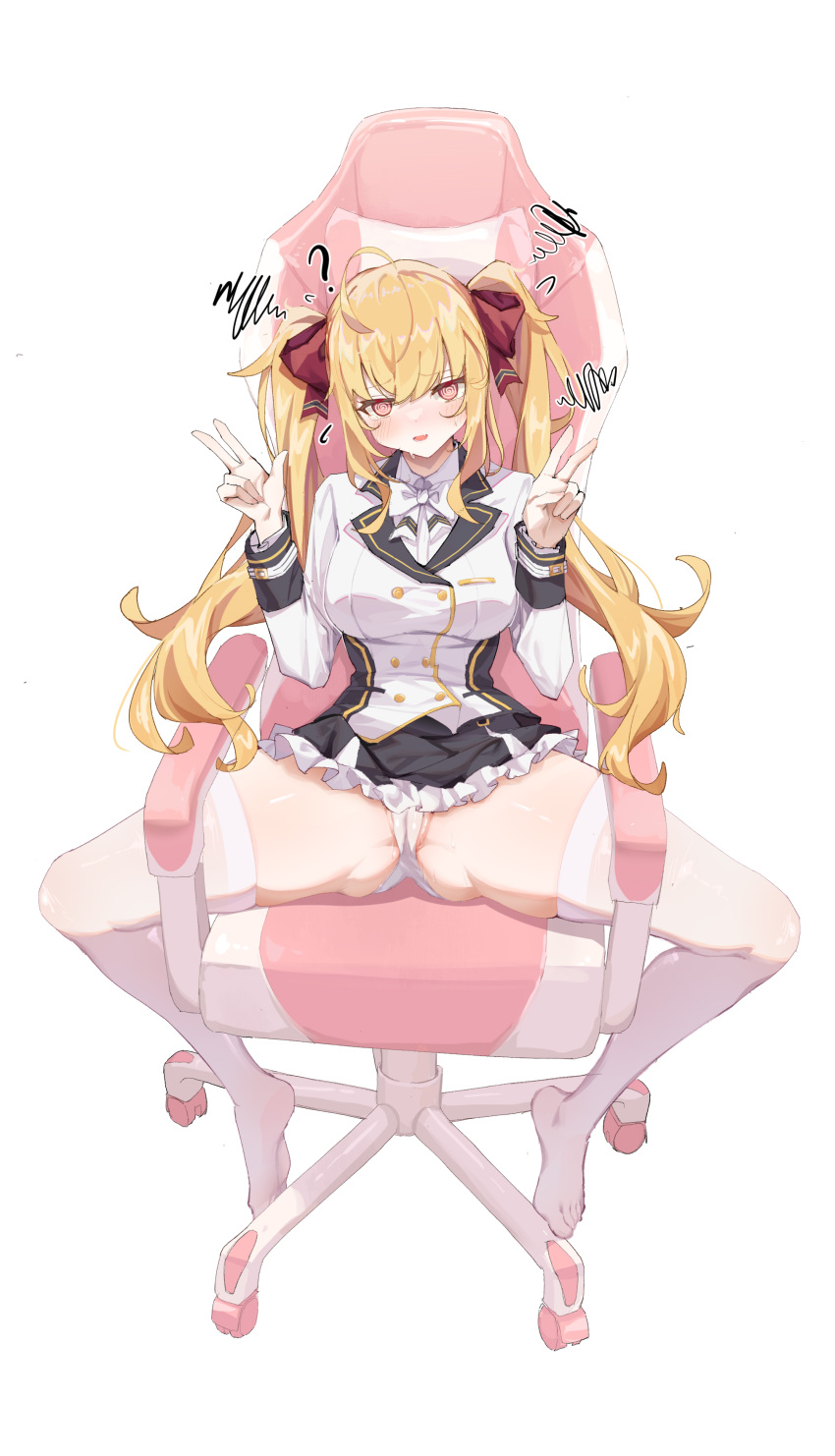 1girl ? @_@ absurdres ahoge blazer blonde_hair bow cameltoe chair double_v etoile gaming_chair hair_bow hair_ribbon highres jacket long_hair looking_at_viewer miniskirt nijisanji open_mouth panties ribbon school_uniform skirt solo spread_legs takamiya_rion twintails underwear v virtual_youtuber