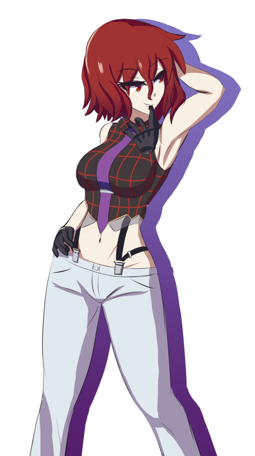 1girl absurdres aohadapeach arm_up armpits black_gloves black_shirt breasts collared_shirt cosplay glove_in_mouth gloves groin highres horikawa_raiko large_breasts looking_to_the_side mouth_hold navel necktie pants plaid plaid_shirt purple_necktie red_eyes red_hair shirt short_hair simple_background sleeveless sleeveless_shirt solo standing the_king_of_fighters touhou vanessa_(kof) vanessa_(kof)_(cosplay) white_background white_pants
