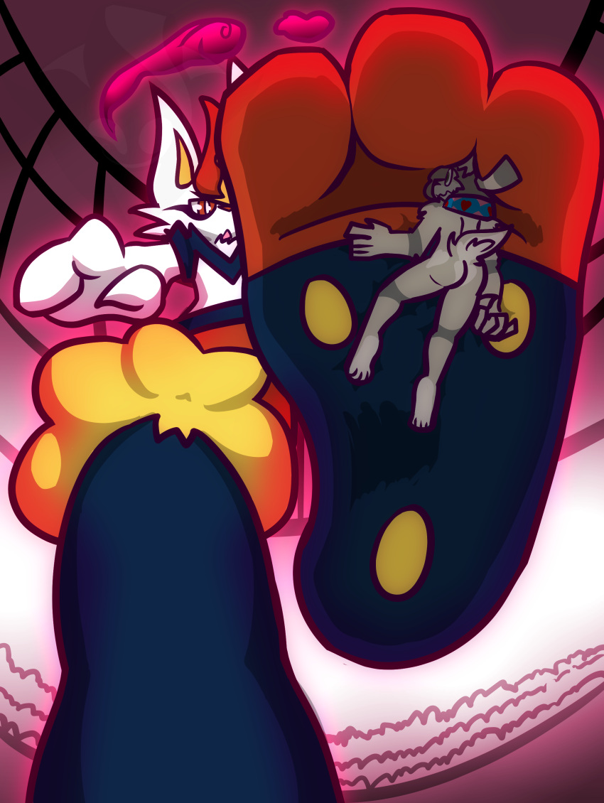 absurd_res aeris_roivas anthro between_toes cinderace duo dynamax feet female foot_fetish hi_res joshii larger_male male male/female nintendo pok&eacute;mon pok&eacute;mon_(species) size_difference smaller_female soles stuck_to_foot toes underfoot video_games