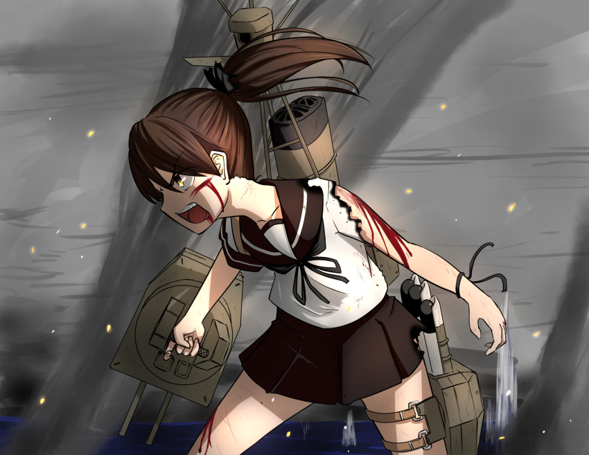 adapted_turret black_ribbon blood blood_from_mouth blood_on_arm blood_on_face brown_hair brown_sailor_collar brown_skirt burnt_clothes commentary_request eyebrows_visible_through_hair glowing glowing_eyes hair_over_eyes hair_ribbon highres kantai_collection long_hair machinery open_mouth pleated_skirt ponytail ribbon rigging sailor_collar school_uniform serafuku shikinami_(kancolle) short_sleeves skirt smokestack tiger_(tiger-kimu) torpedo_launcher