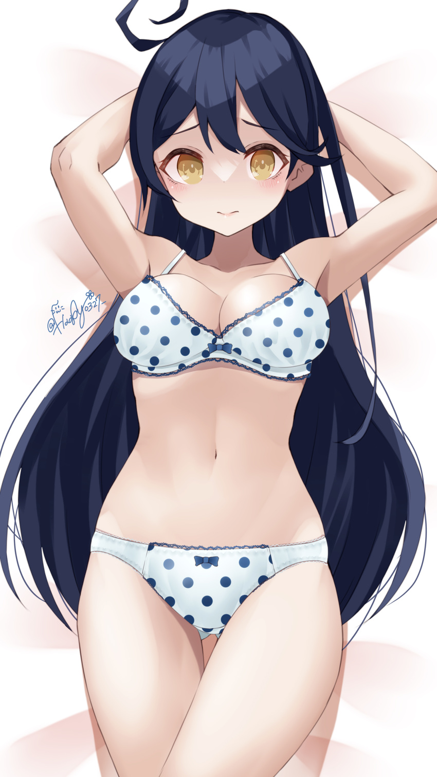 1girl absurdres ahoge arms_behind_head black_hair bra breasts cleavage cowboy_shot haggy highres kantai_collection large_breasts long_hair looking_at_viewer lying panties polka_dot polka_dot_bra polka_dot_panties solo underwear underwear_only ushio_(kancolle) white_bra white_panties