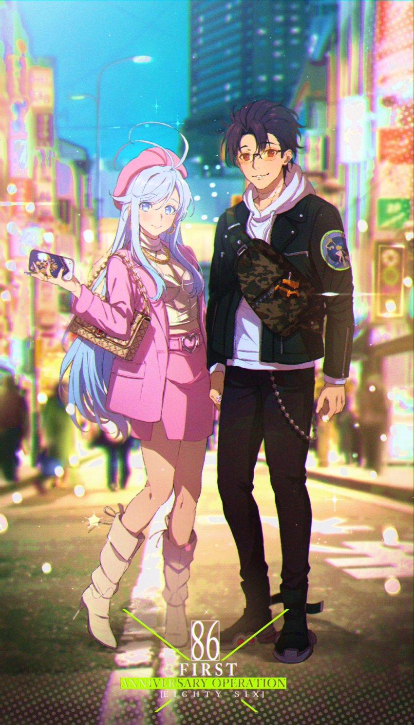 1boy 1girl 86_-eightysix- alternate_costume bag belt belt_buckle black_hair black_jacket black_pants blue_eyes blurry blurry_background blush boots breasts buckle casual cellphone cleavage cleavage_cutout closed_mouth clothing_cutout copyright_name earrings floating_hair full_body glasses handbag heart heart-shaped_buckle high_heel_boots high_heels highres holding holding_hands holding_phone hood hood_down hooded_sweater jacket jewelry kagura_kurosaki long_hair long_sleeves looking_at_viewer medium_breasts miniskirt multicolored_nails nail_polish open_clothes open_jacket orange_eyes outdoors pants pencil_skirt phone pink_belt pink_headwear pink_jacket pink_skirt rimless_eyewear ring road scar shinei_nouzen short_hair side_slit silver_hair skirt smartphone smile standing street sweater very_long_hair vladilena_millize white_footwear white_sweater