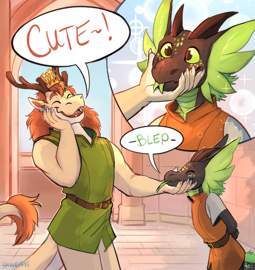 anthro antlers belt blep castle close-up comic crown cute_eyes day dragon duo eyes_closed glistening hand_on_cheek happy hi_res hisseefit holding_chin horn jerkin_(clothing) kyukyu male male/male mane medieval muscular muscular_male prince prince_borgon royalty size_difference smile story story_in_description tail_tuft text tongue tongue_out tuft