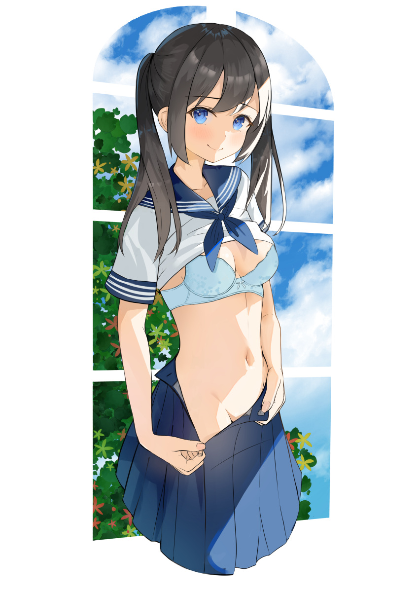 1girl absurdres bangs black_hair blue_bra blue_eyes blue_neckerchief blue_sailor_collar blue_skirt blush bra breasts brown_hair clothes_lift clothes_pull cloud cloudy_sky collarbone collared_shirt commentary_request day eyebrows_visible_through_hair flower hair_between_eyes highres looking_at_viewer medium_breasts navel neckerchief no_legs no_panties original pleated_skirt sailor_collar sakura_yuu_(hzjy8485) school_uniform serafuku shirt shirt_lift sidelocks skirt skirt_pull sky smile solo twintails underwear undressing white_shirt window