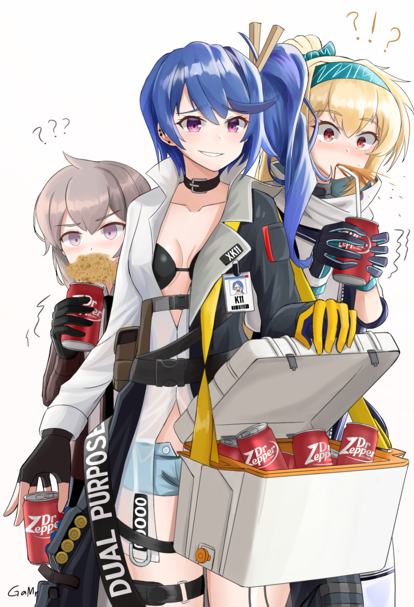 !? 3girls ? ?? blush can character_name cooler dr_pepper drink drinking drinking_straw foaming_at_the_mouth gamryous girls'_frontline highres id_card k11_(girls'_frontline) m200_(girls'_frontline) multiple_girls smug soda soda_can spit_take spitting sv-98_(girls'_frontline)