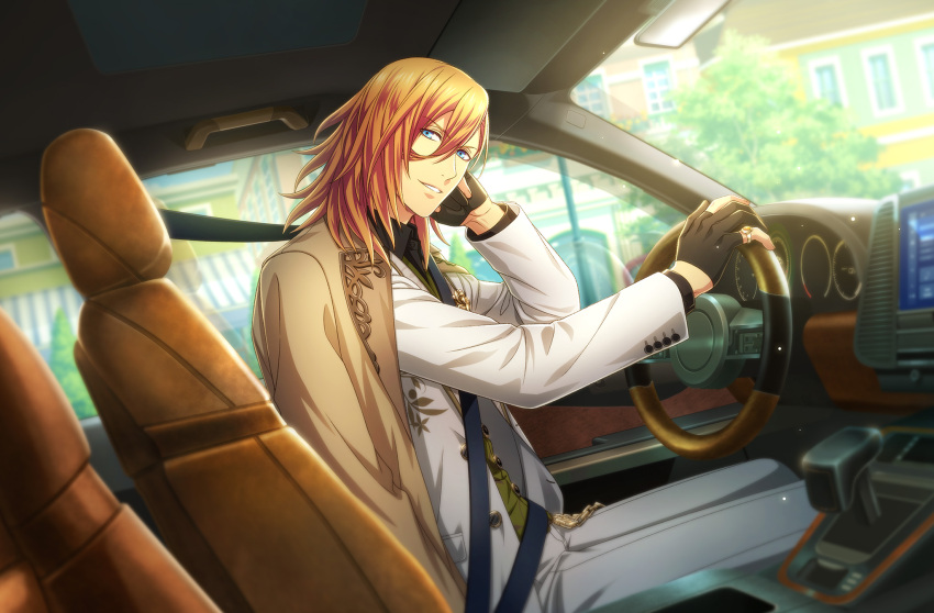 1boy armchair belt_chain black_gloves black_shirt blue_eyes brown_coat car chair coat coat_on_shoulders driving dutch_angle feet_out_of_frame fingernails formal game_cg gloves grey_vest ground_vehicle hair_between_eyes hand_on_own_face highres holding jacket jewelry jinguuji_ren lapel_pin leaf_print looking_at_viewer male_focus medium_hair motor_vehicle official_art open_clothes open_jacket orange_hair parted_lips partially_fingerless_gloves ring seatbelt shirt sitting smile solo steering_wheel suit teeth uta_no_prince-sama uta_no_prince-sama:_shining_live vehicle_interior vest white_suit