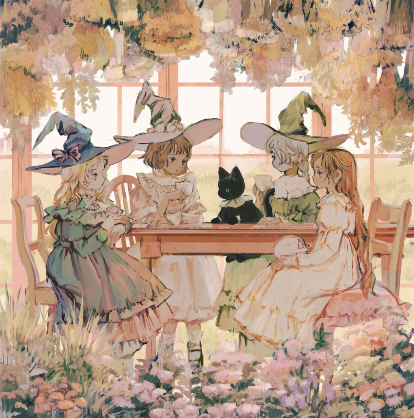 1other 4girls black_cat black_footwear blonde_hair broom broom_riding cat chair commentary day dress english_commentary floating hair_over_one_eye hat highres holding long_dress long_hair long_sleeves looking_at_another magic morning multiple_girls original red_hair sitting skull table tea tono_(rt0no) white_hair window witch witch_hat