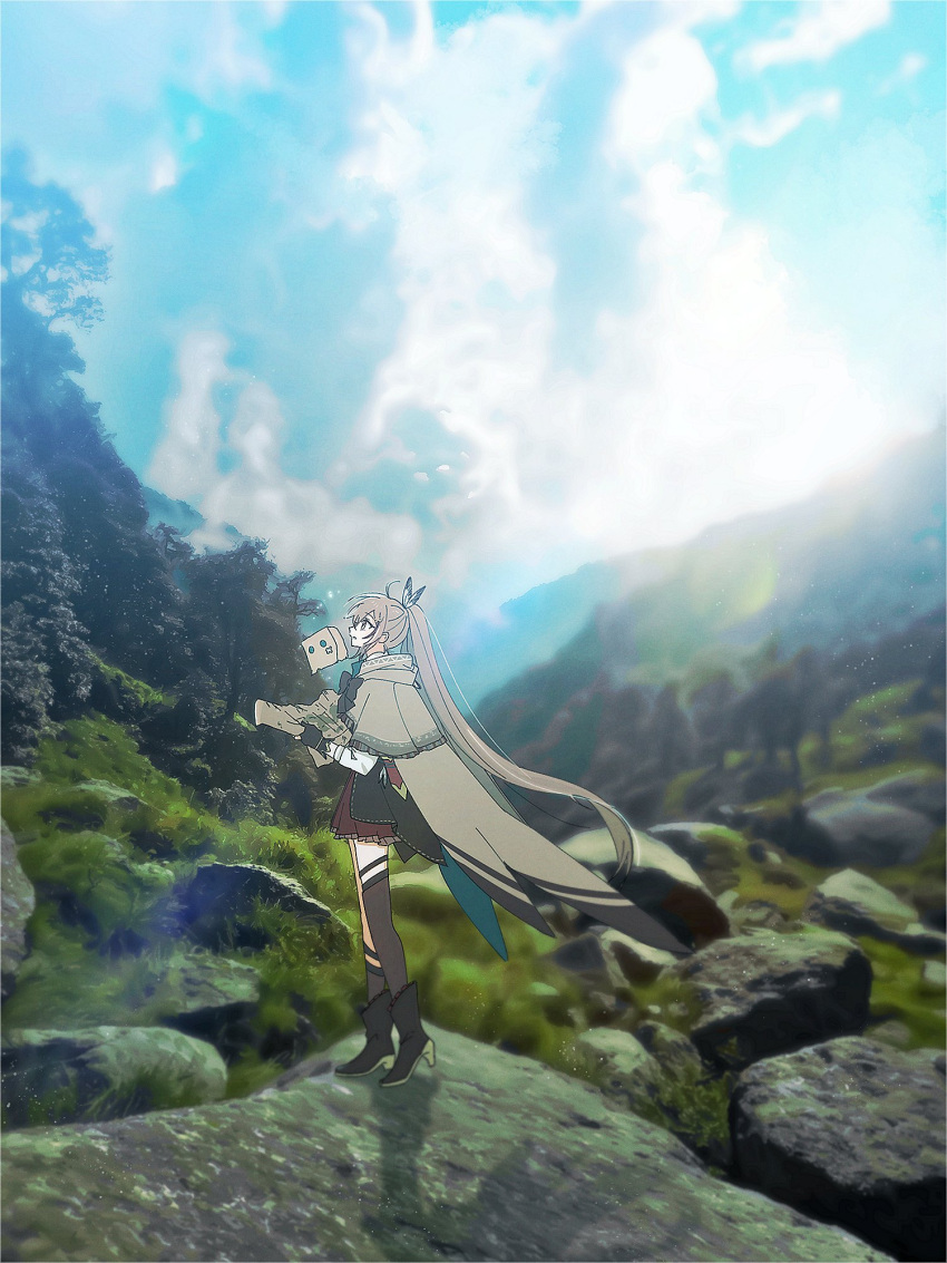 1girl ahoge asymmetrical_legwear bangs blurry boots brown_capelet brown_cloak brown_corset cape capelet cloak cloud cloudy_sky corset dagger depth_of_field feather_hair_ornament feathers forest friend_(nanashi_mumei) hair_ornament hieroglyphics highres hololive hololive_english jw9484 knee_strap kneehighs knife landscape lens_flare long_hair map mountain multicolored_hair nanashi_mumei nature photo_background pleated_skirt ponytail red_skirt ribbon rock shirt single_kneehigh single_thighhigh skirt sky streaked_hair sun sunlight thigh_strap thighhighs tree very_long_hair virtual_youtuber weapon white_shirt