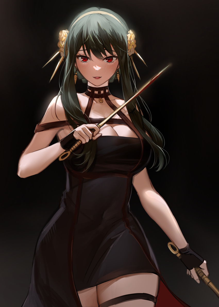 1girl absurdres backlighting bangs black_background black_dress black_gloves black_hair black_legwear blush breasts cleavage covered_navel cowboy_shot dagger dress dual_wielding earrings fingerless_gloves gloves gold_earrings gold_hairband gradient gradient_background hand_up highres holding holding_dagger holding_weapon jewelry knife large_breasts long_hair nannaspad off-shoulder_dress off_shoulder parted_lips red_eyes rose_hair_ornament sidelocks smile solo spikes spy_x_family thighhighs two-sided_dress weapon yor_briar