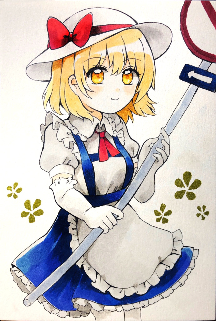 1girl apron blonde_hair blouse blue_skirt bow closed_mouth collared_shirt commentary elbow_gloves eyebrows_visible_through_hair frilled_apron frilled_gloves frilled_shirt_collar frilled_sleeves frills gloves happy hat hat_bow highres holding holding_sign kana_anaberal maa_(forsythia1729) marker_(medium) medium_hair no_symbol puffy_short_sleeves puffy_sleeves red_bow red_ribbon ribbon road_sign shirt short_sleeves sign simple_background skirt smile sun_hat suspender_skirt suspenders touhou traditional_media waist_apron wavy_hair white_background white_gloves white_headwear white_legwear white_shirt yellow_eyes