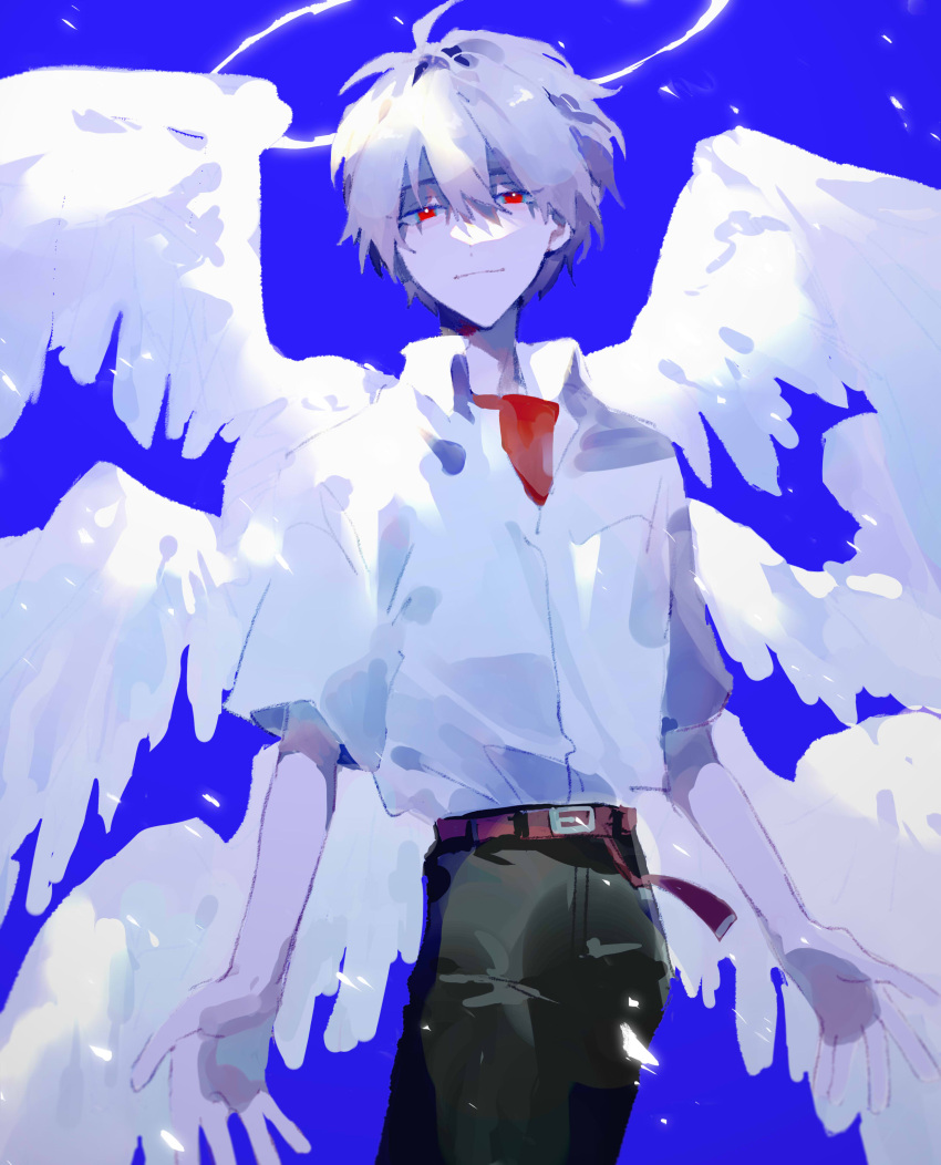 1boy absurdres angel_wings belt brown_belt closed_mouth highres mogutofuoes nagisa_kaworu neon_genesis_evangelion red_eyes school_uniform solo tokyo-3_middle_school_uniform_(evangelion) wings