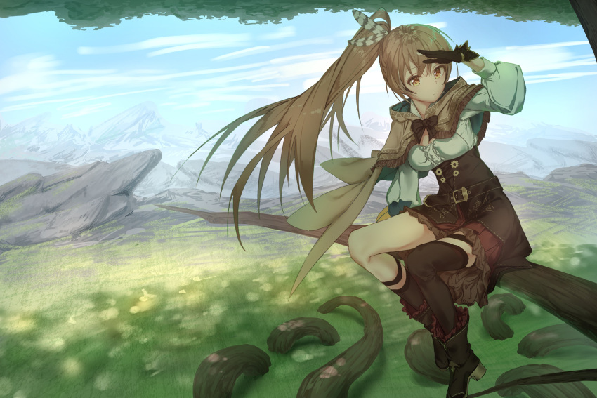 1girl absurdres asymmetrical_legwear bangs belt boots branch brown_capelet brown_cloak brown_corset brown_eyes brown_hair cape capelet cloak cloud cloudy_sky corset feather_hair_ornament feathers field gloves grass hair_ornament hand_up hieroglyphics highres hololive hololive_english in_tree knee_strap kneehighs lantern lbkei long_hair looking_at_viewer mountainous_horizon multicolored_hair nanashi_mumei ponytail red_skirt ribbon rock roots shirt single_kneehigh single_thighhigh sitting sitting_in_tree skirt sky solo streaked_hair thigh_strap thighhighs tree very_long_hair virtual_youtuber white_shirt