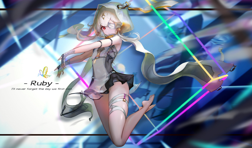 1girl bandaged_hand bandages bangs barefoot blurry blurry_background dress english_text eyebrows_visible_through_hair eyepatch highres hood long_hair looking_at_viewer one_eye_covered rabbit_tail red_eyes see-through sleeveless solo tail tower_of_fantasy wangchuan_de_quanyan white_hair