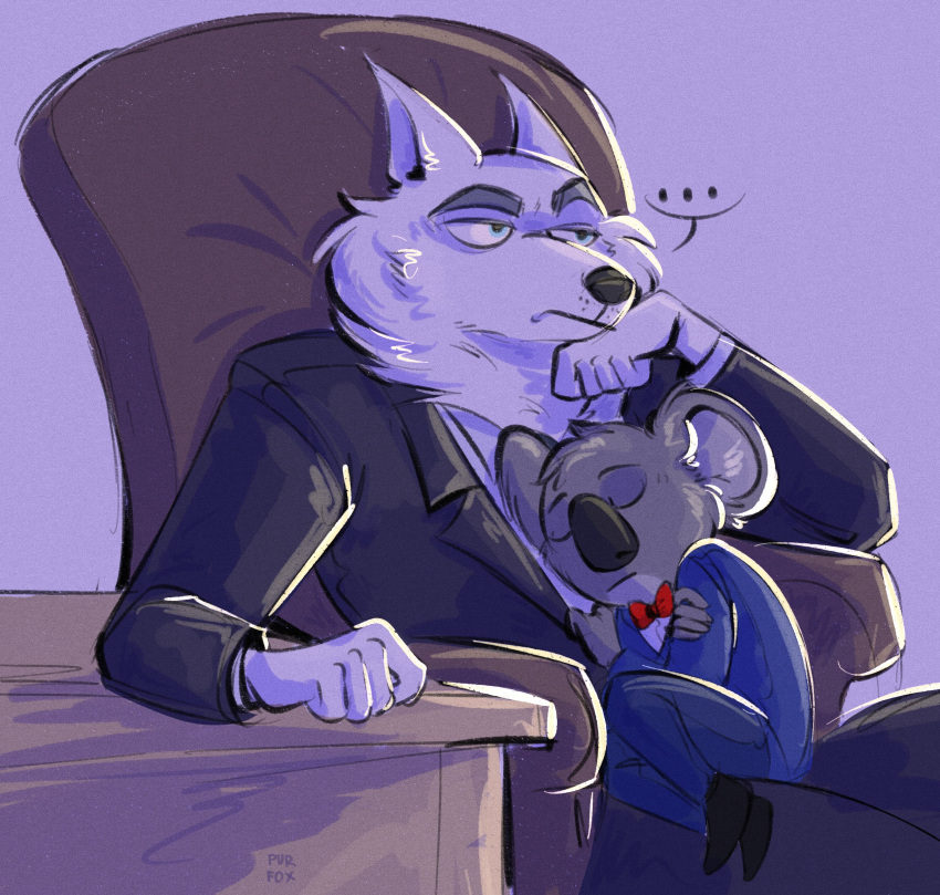 absurd_res anthro arctic_wolf bottomwear bow_tie brows buster_moon canid canine canis chair clothing duo emoji eyebrows furniture hi_res illumination_entertainment jimmy_crystal koala male mammal marsupial pants pur-fox sing_(movie) sitting sleeping sleeping_on_partner suit thinking vombatiform wolf