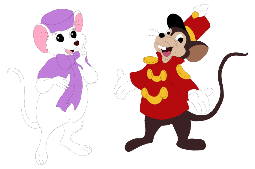 absurd_res anthro brown_body brown_fur clothing darkbolt disney don_bluth dumbo_(movie) duo female fur gloves handwear hat headgear headwear hi_res jacket male mammal miss_bianca_(the_rescuers) mouse murid murine rodent scarf the_rescuers_(disney) timothy_mouse topwear white_body white_fur