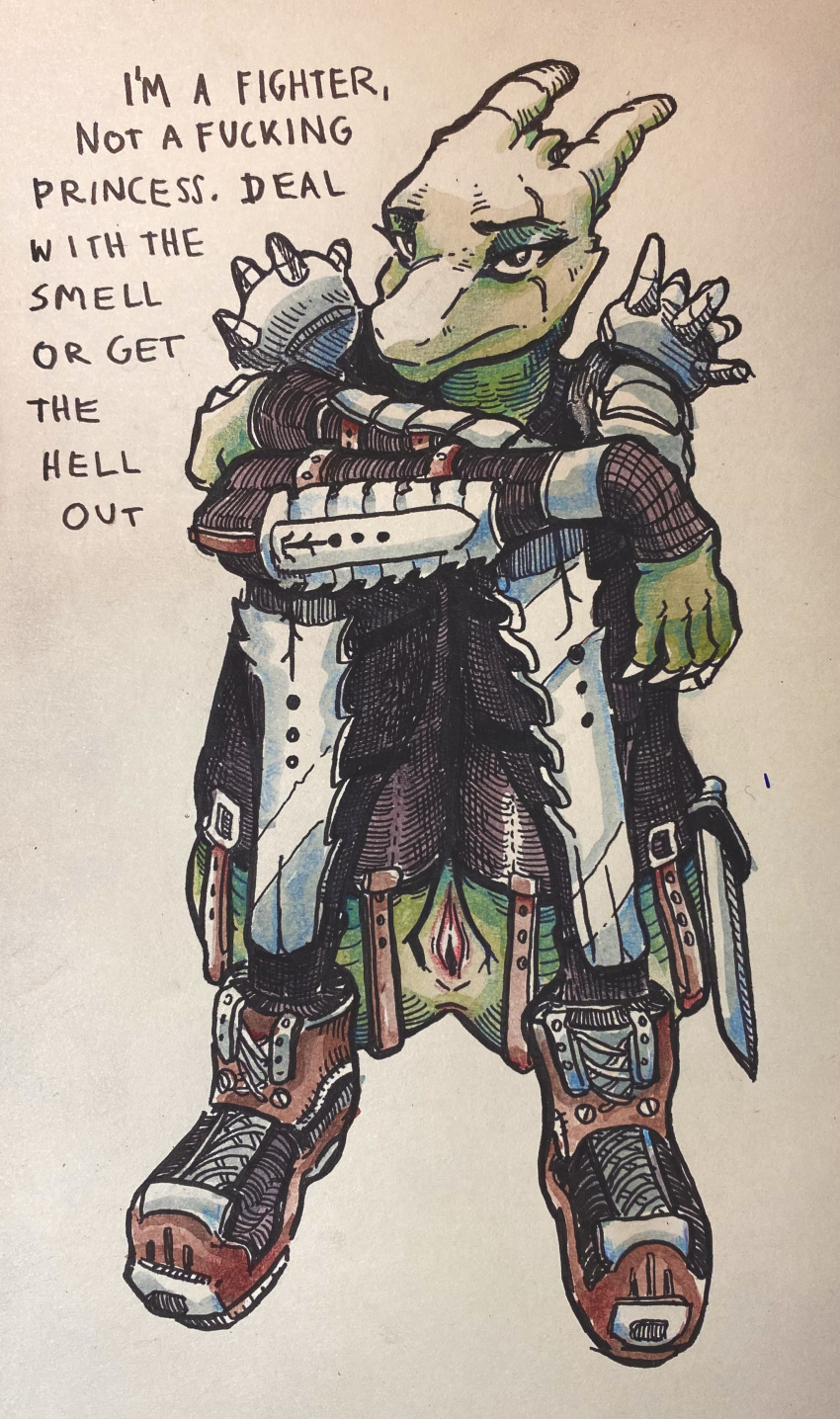 absurd_res anthro argonian armor bethesda_softworks boots bottomless clothed clothing dragon english_text fanta_leaves female footwear genitals half-closed_eyes hi_res legwear melee_weapon narrowed_eyes pussy scalie shoulder_pads solo solo_focus sword text the_elder_scrolls thigh_highs traditional_media_(artwork) video_games warrior weapon