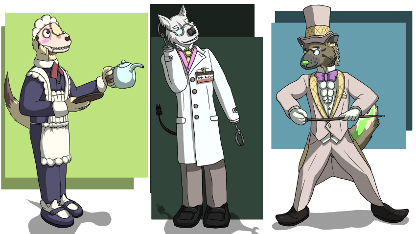 2022 absurd_res ace_attorney anthro bow_tie cane canid canine canis capcom clothing cosplay digital_media_(artwork) domestic_dog eyewear glasses group hat headgear headwear hi_res hyaenid maid_apron maid_headdress maid_uniform male mammal russkiy_toy scratching_head shallot_fogg_(artist) skinned spotted_hyena teapot top_hat toy_dog trio uniform video_games visible_bone