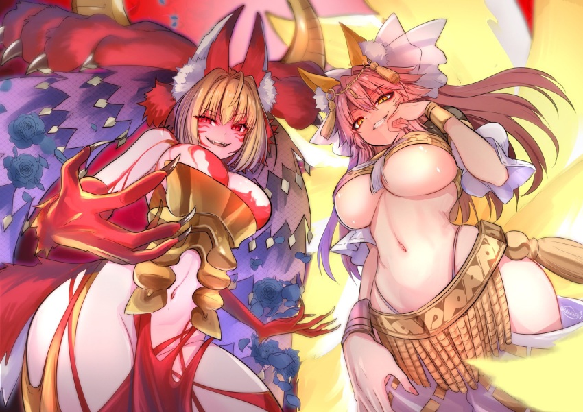 2girls amaterasu_(fate) animal_ear_fluff animal_ears animal_hands black_flower blonde_hair body_markings breasts claws evil_smile facial_mark fate/extra fate/grand_order fate/grand_order_arcade fate_(series) flower fox_ears fox_tail from_below fur gold_bracelet hair_intakes highres large_breasts looking_at_viewer looking_down multiple_girls multiple_tails navel nero_claudius_(fate) official_alternate_costume queen_draco_(beast_vi/s)_(fate) red_eyes revealing_clothes sharp_teeth smile tail tamamo_(fate) teeth underboob wisespeak wolf_ears wolf_girl