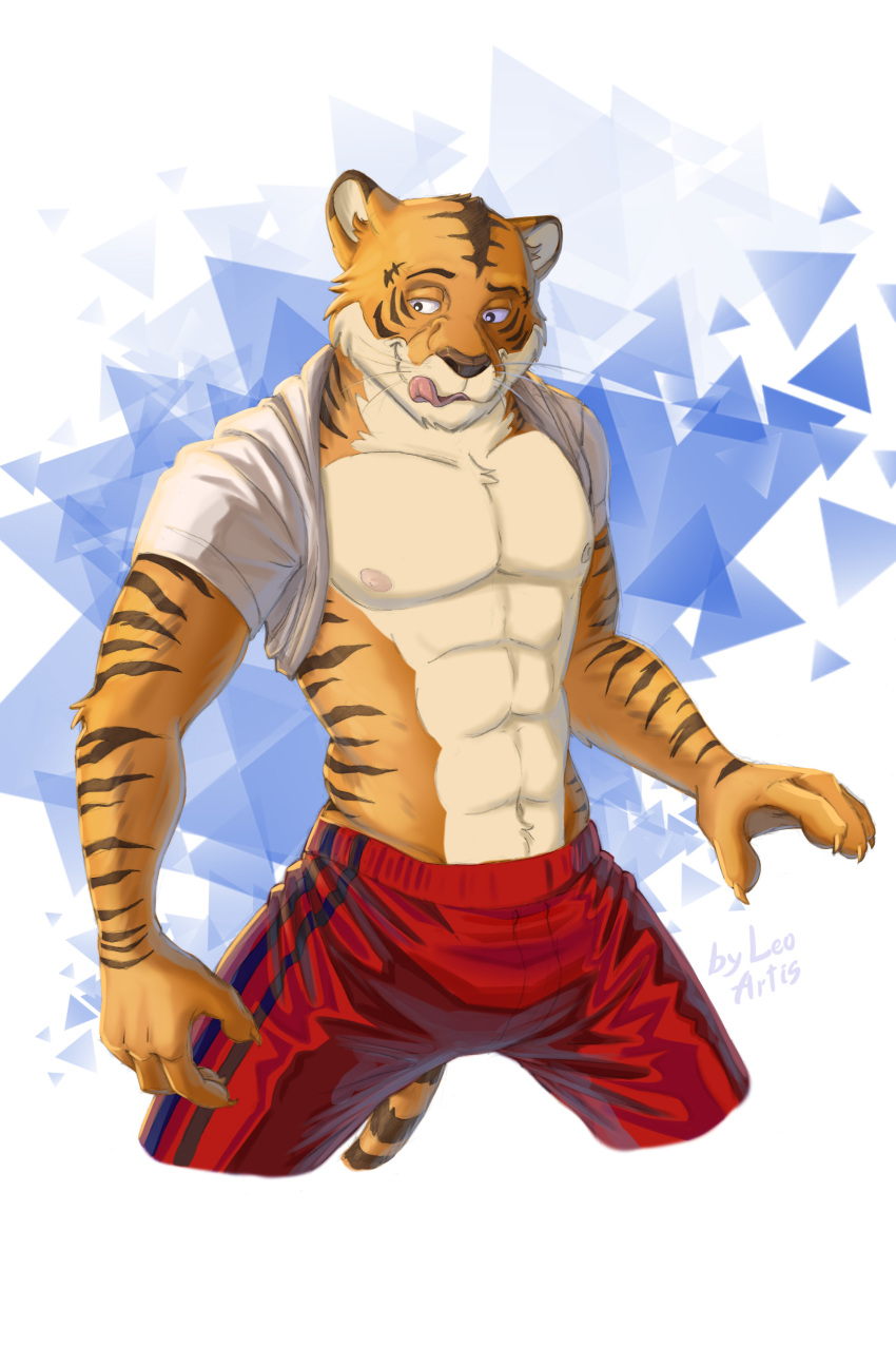 2022 absurd_res anthro bare_chest beastars bill_(beastars) black_body black_fur bottomwear clothing felid fur gradient_background hi_res leo-artis male mammal muscular muscular_anthro muscular_male netflix orange_body orange_fur pantherine red_bottomwear red_clothing simple_background solo striped_body striped_fur stripes tiger tongue tongue_out topwear triangle_(shape) white_background white_clothing white_topwear