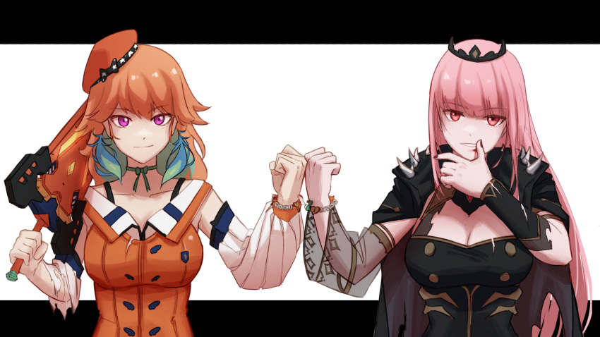 2girls bow_choker bracelet breasts chef_hat cleavage earrings eyebrows_visible_through_hair feather_earrings feathers fist_bump gradient_hair hat highres hololive hololive_english jewelry ladymelt large_breasts looking_at_viewer mori_calliope multicolored_hair multiple_girls orange_hair orange_headwear shoulder_spikes smirk spikes sword takanashi_kiara tiara torn_clothes veil virtual_youtuber weapon wiping_mouth