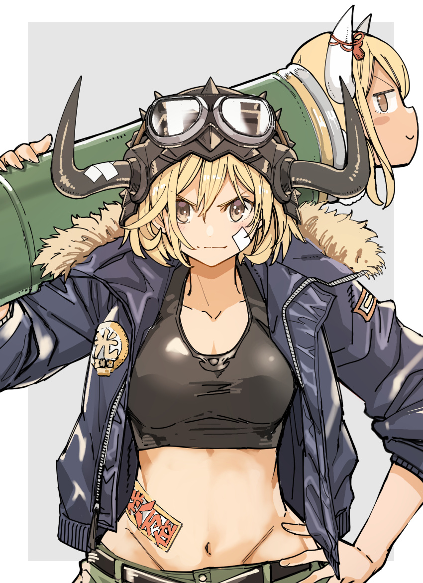 2girls bandaid bandaid_on_face blonde_hair blue_jacket border breasts cowboy_shot djeeta_(granblue_fantasy) fingernails fur-trimmed_collar granblue_fantasy grey_background groin hand_on_hip helmet highres horns jacket kumbhira_(granblue_fantasy) long_fingernails looking_at_viewer medium_breasts medium_hair mika_(gbf) multiple_girls navel smile solo v-shaped_eyebrows white_border yellow_eyes