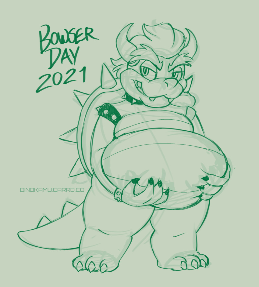 2021 anthro belly belly_expansion belly_scales big_belly bloated bowser bowser_day digital_media_(artwork) dinokamu expansion hi_res koopa male mario_bros monochrome nintendo overweight overweight_anthro overweight_male scales scalie shaded sketch solo stuffing_(food) video_games weight_gain