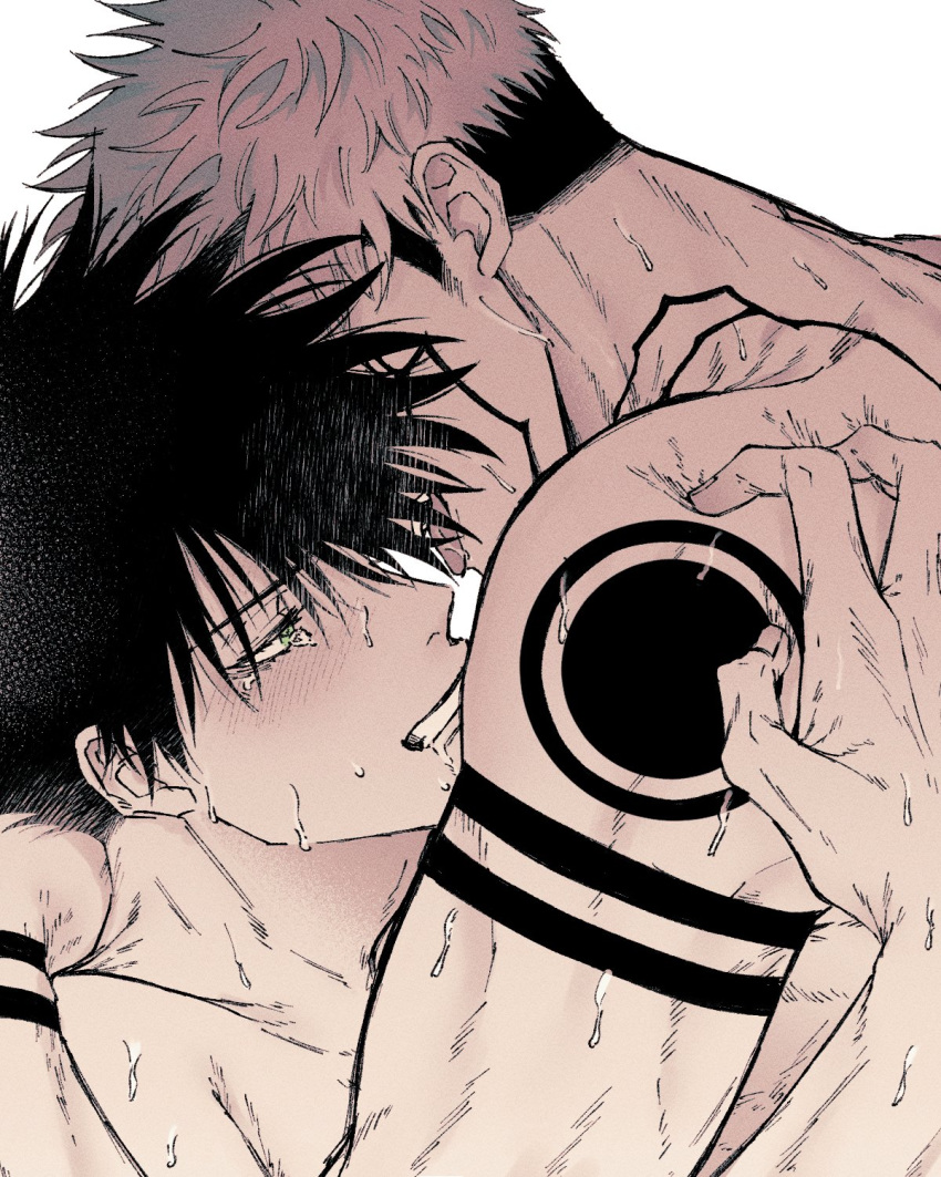 2boys arm_around_neck arm_tattoo black_hair clenched_teeth clothing_cutout commentary_request completely_nude facial_tattoo fushiguro_megumi fushirun_rung green_eyes highres implied_anal implied_sex jujutsu_kaisen male_focus multiple_boys muscular muscular_male nude pink_hair ryoumen_sukuna_(jujutsu_kaisen) short_hair shoulder_cutout shoulder_grab spiked_hair sweat tattoo tears teeth tongue tongue_out undercut upper_body wince yaoi