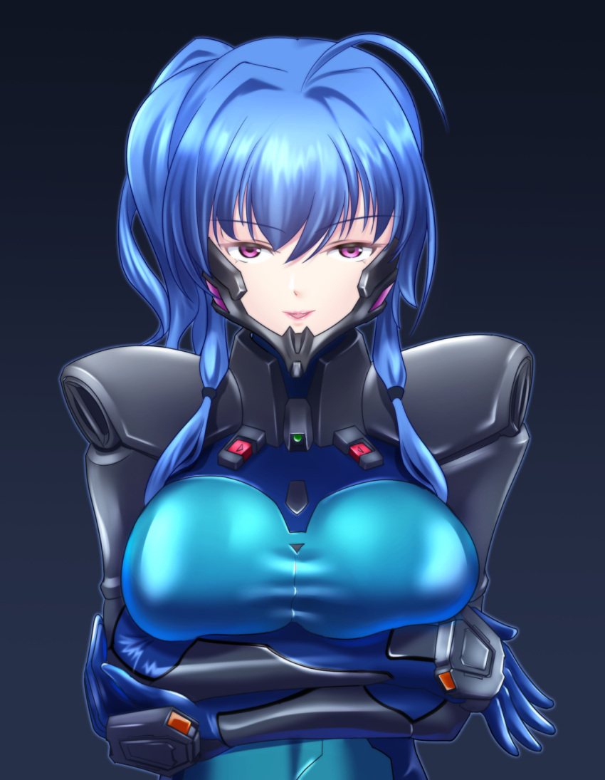 arms_under_breasts azur_lane black_background blue_gloves blue_hair bodysuit breasts fortified_suit gloves highres large_breasts long_hair muvluv muvluv_alternative open_mouth pilot_suit purple_eyes skin_tight smile st._louis_(azur_lane) upper_body wata_nuki