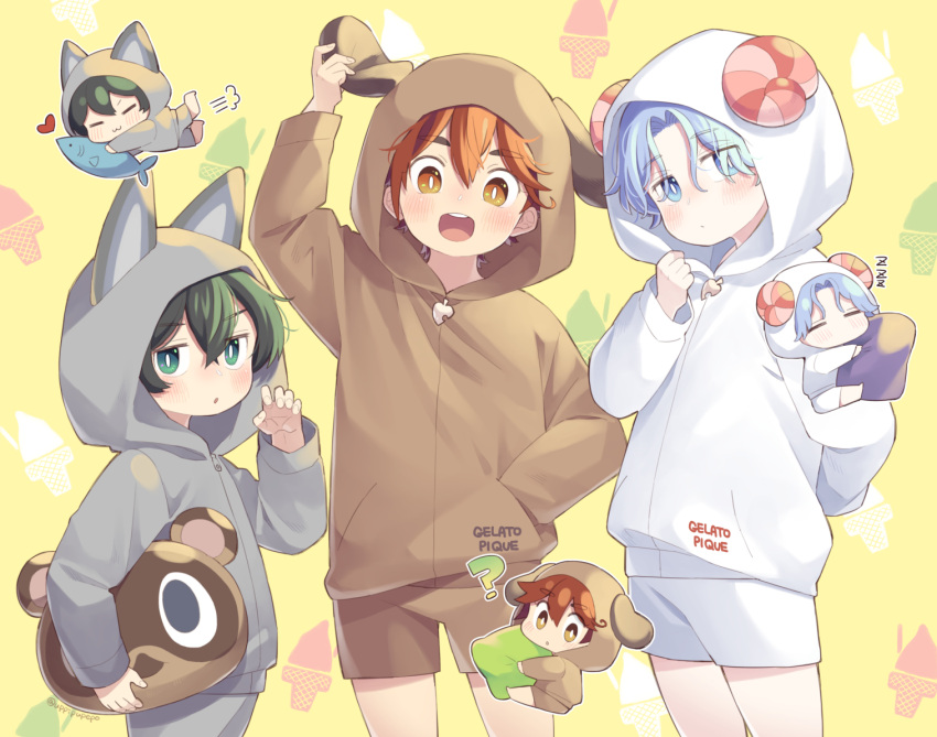 3boys :d animal_hood blue_eyes blue_hair cat_hood chibi child dog_hood green_eyes green_hair hasegawa_langa hood hood_up hoodie kyan_reki male_focus miya_(sk8) multiple_boys red_hair sheep_hood shorts sk8_the_infinity smile uppi yellow_eyes younger