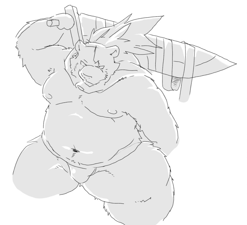 2022 anthro asian_clothing belly big_belly clothing east_asian_clothing fundoshi hi_res japanese_clothing kemono male mammal moobs navel nipples overweight overweight_male simple_background sketch solo suishou0602 underwear ursid weapon white_background