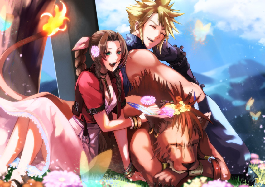 1girl 2boys aerith_gainsborough asymmetrical_hair bangs between_breasts blonde_hair blue_pants blue_shirt bracelet braid braided_ponytail breasts brown_hair bug buster_sword butterfly choker closed_eyes cloud cloud_strife cloudy_sky couple crossed_arms dress earrings facial_mark final_fantasy final_fantasy_vii final_fantasy_vii_remake flame-tipped_tail flower gloves grass green_eyes hair_flower hair_ornament hair_ribbon halu-ca hand_to_own_face highres holding holding_flower jewelry long_dress medium_breasts mountain multiple_boys open_mouth pants parted_bangs pink_dress red_xiii ribbon scar scar_across_eye shirt sidelocks sitting sky sleeveless sleeveless_turtleneck smile spiked_hair teeth tree turtleneck upper_teeth