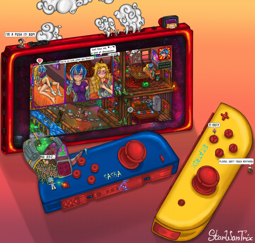 absurdres amphibia anne_boonchuy artist_name barefoot blush controller crossover dialogue_box game_controller gradient gradient_background highres kiss marcy_wu morty_smith nintendo_switch original polly_plantar rick_and_morty rick_sanchez sasha_waybright self_upload spacecraft stardew_valley starwantrix steam yuri