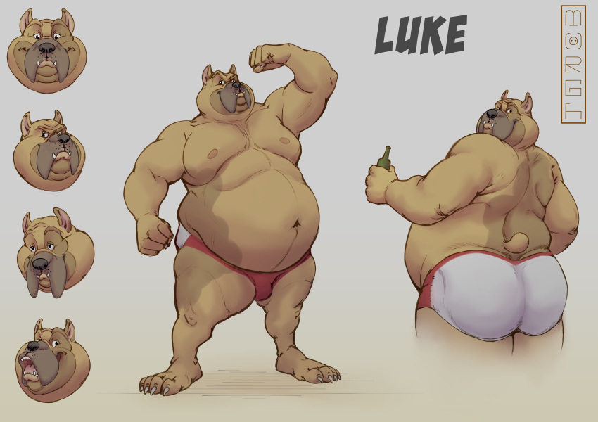 2022 anthro belly big_belly big_butt brown_body butt canid canine canis domestic_dog hi_res humanoid_hands male mammal model_sheet moobs nipples overweight overweight_male solo themorghull